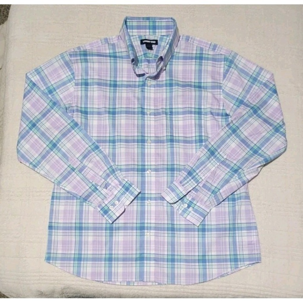 Lands End Traditional Fit Mens L 16-16.5 Plaid Button Dress Shirt Pastel Easter‎